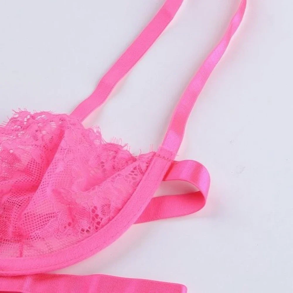 Neon Pink Lace Balconette Bralette Lingerie Set - Picture 14 of 15